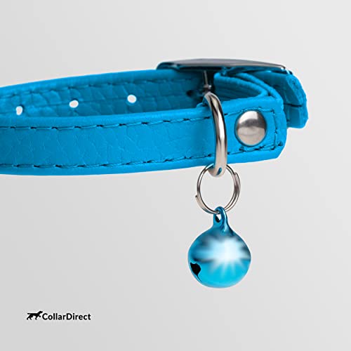 Image of CollarDirect Leather Cat Collar, Cat Safety Collar with Elastic Strap, Kitten Collar for Cat with Bell Black Blue Red Orange Lime Green (Neck Fit 6-7, Light Blue)