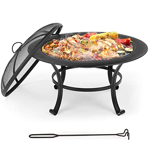 Feuerschale(Φ76cm), Feuerschale mit Funkenschutz&Grillrost, Feuerstelle...