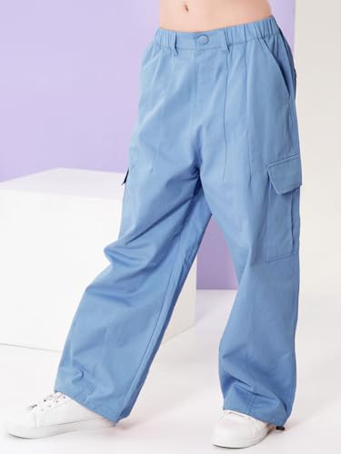 Image of Rolanko Girls Cargo Pants Wide Leg Streetwear Kids Pants with Pockets Trendy Jogger Trousers 4-14 Years