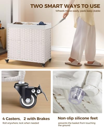 Greenstell Laundry Hamper with Wheels&Lid,130L Large 3 Sections Clothes Hamper with 2 Types Removable Liner Bags, 5 Mesh Laundry Bags, Handwoven Divided Laundry Basket White