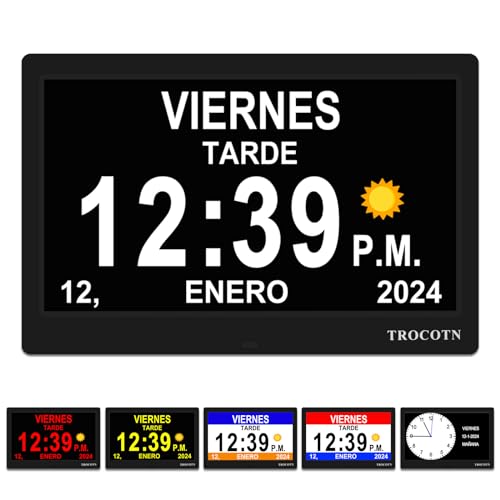 TROCOTN Reloj digital grande para personas mayores, calendario de pantalla grande con alarmas personalizadas, reloj de pared con día y fecha, despertador, reloj de escritorio (10 pulgadas, negro)