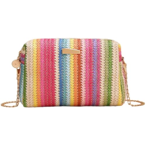 Rainbow Knitting Shoulder Bag Crochet Crossbody Bag Summer Beach Chain Bag Women Handbag for Outdoor Shopping Traveling - Main Image