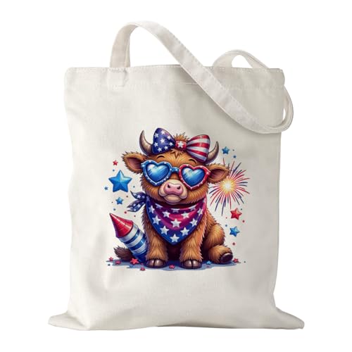 BQXS 4th of July Patriotic Tote Bag for Women America Memorial Day Independence Day Canvas Bag for Women Grocery Shopping Travel Gym Weekender Vacation - Cool Highland Cattle Pattern