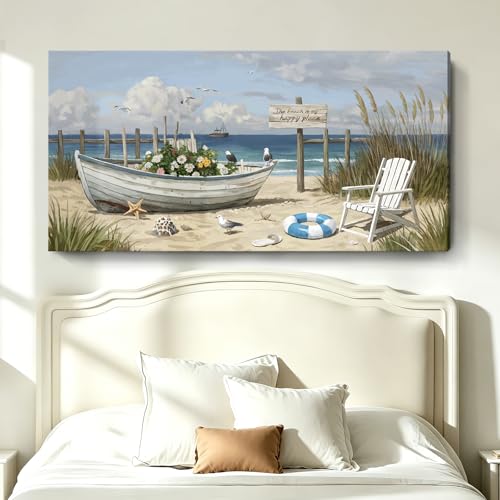 Extra Large Coastal Living Room Wall Art, Featuring A Printed Seaside Landscape, Boats, Beach Chairs, Seagulls, And Natural Wall Decor. A Modern Coastal Artwork For Bedrooms, Dining Rooms, Entryways, And Lounges. 58X29 Inches. — view 4