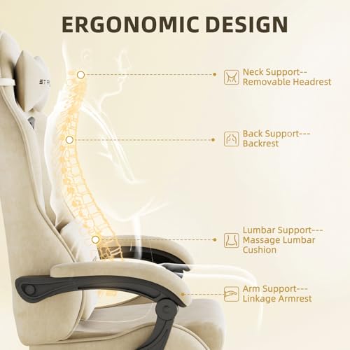 Image of Gaming Chair Racing for Adult, Office Chair with Footrest Massage Lumbar Cushion, Velvet Fabric Reclining Video Game Chairs, Ergonomic Computer Chairs Height Adjustable, for Home Streaming, Beige