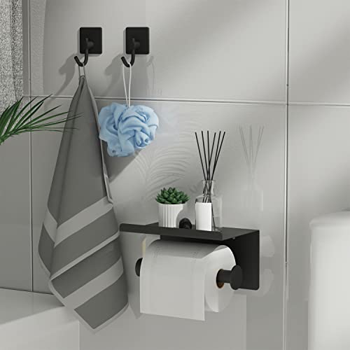 Toilet Paper Holder With Phone Shelf+ Two Adhesivetowel Robe Hooks, Self Adhesive Or Screw Wall Mounted Toilet Paper Roll Dispenser, Rustproof Bathroom Tissue Roll Holder With Shelf (Matte Black) #TOP1