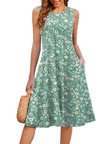 Image of HOTOUCH Summer Casual Dresses for Women Sleeveless Midi Dress Swing Tank Sundress Pleated Tshirt Dress with Pockets