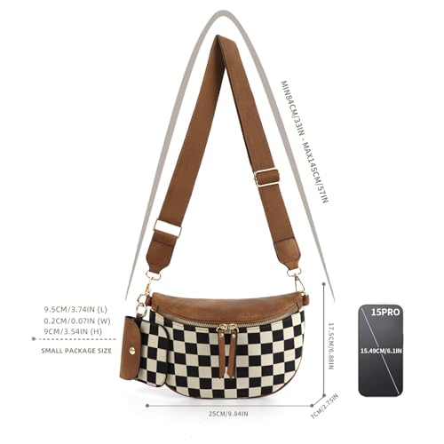 Checkered Crossbody Bag Black and White Checkerboard Bum Bag for Women Sling Wallet Purses Chest Pack Adjustable Strap (Brown)4