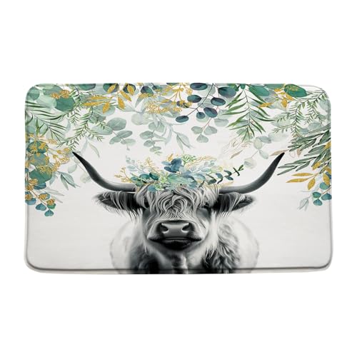 Sunhe Farmhouse Highland Cow Bath Mat Western Farm Animal Green Leaves Longhorn Bull Rustic 24