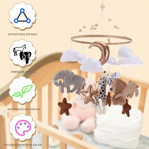 Miniatura 3 de Collazoey Cuna Móvil Para Bebé, Carillón De Viento Móvil Para Bebé Con Animales Del Bosque Con Nube De León, Elefante, Jirafa, Carillón De Viento Para Bebé Móvil De Madera, Regalo Para Niñas O Niños