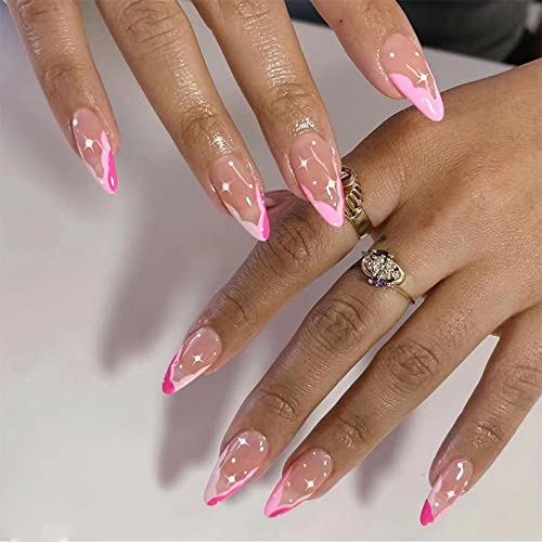 Misud Medium Press On Nails, Star Fake Nails, Stiletto Glossy False Nails Full Cover Glue On Nails Almond Pink Acrylic Nails For Women And Girls 24Pcs #TOP8