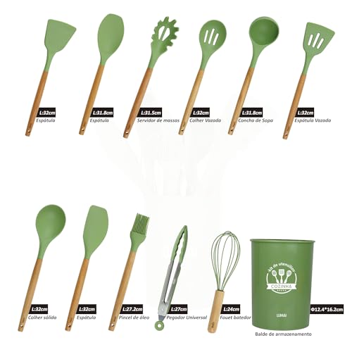 Kit 12 Utensílios De Cozinha Em Silicone E Cabo De Madeira LUMAI (Verde)
