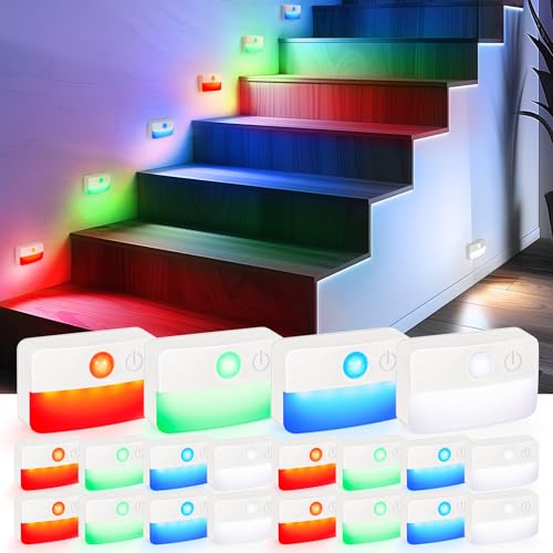 Guankai 16 Pack Motion Sensor Stair Lights for Indoor, Wireless RGB Battery Operated Night Light, Led Stick On Hallway Closet Under Cabinet Stairway Automatic Lamp for Bedroom Kitchen Bathroom