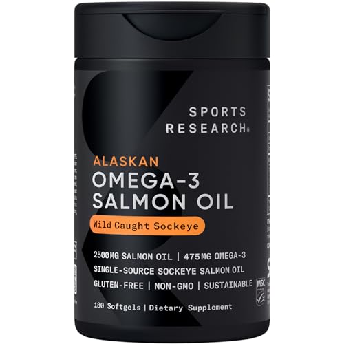 Sports Research® Salmon Oil – Single-Source Wild Alaskan Sockeye | 2500 mg per Serving w/EPA & DHA Fatty Acids | MSC Certified – 180 Count Softgels