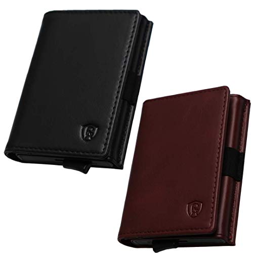 Designer Wallet | Premium Genuine Leather | Smart RFID Protection | Minimalist | Smart Quick Release Cards (Black Caviar + Burgundy)