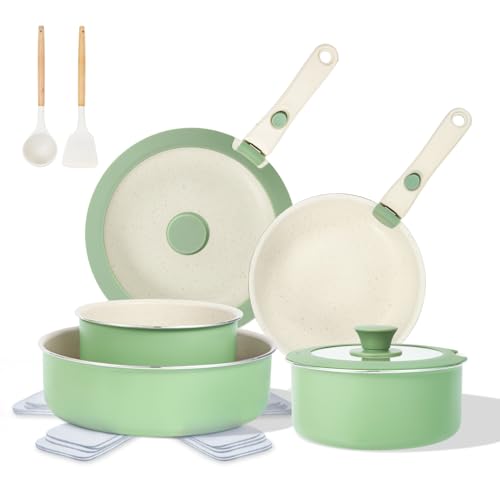 M MELENTA Pots and Pans Set Non Stick, 16pcs Induction Cookware with Detachable Handle, Space Saving Stackable Pot Set, Non Toxic Granite Kitchen Cooking Set, Oven Safe, Sage Green