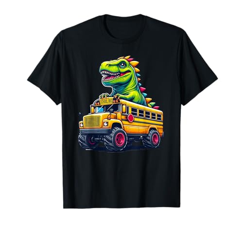 Dinosaur T-rex On Monster Truck School Bus Driver Graphic T-Shirt