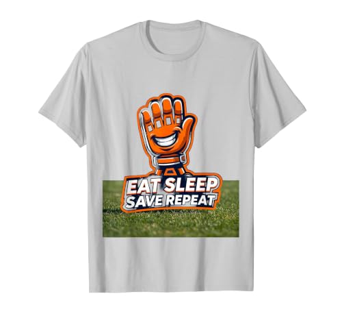 Eat Sleep Save Repeat Funny Goalie Sports Fan Mascot Logo T-Shirt, Men, Silver Grey, Large