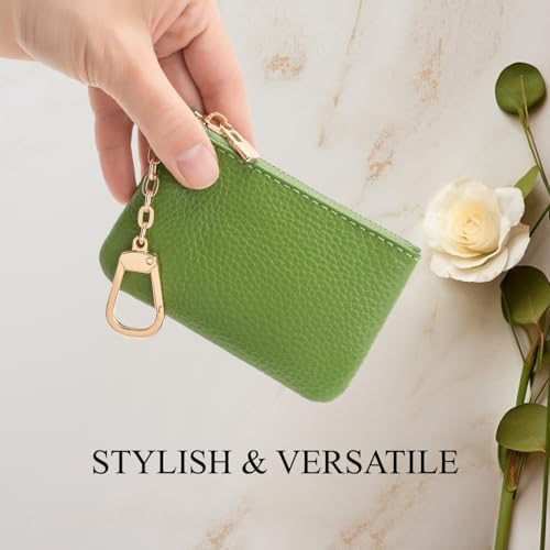 Image of Full Grain Leather Coin Purse with Key Chain - Small Change Purse Keychain Card Holder Keychain Pouch Small Keychain Wallet for Women and Men (Grass Green)