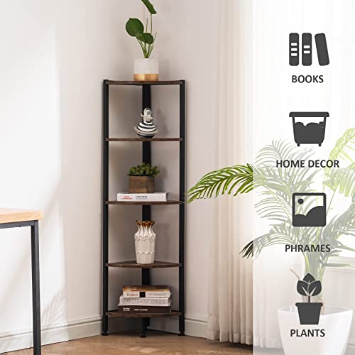 Apicizon 5 Tier Corner Shelf, Industrial Corner Bookshelf Small Bookcase Rustic Storage Rack Plant Display Stand For Living Room, Home Office, Kitchen, Small Space, Brown #TOP4