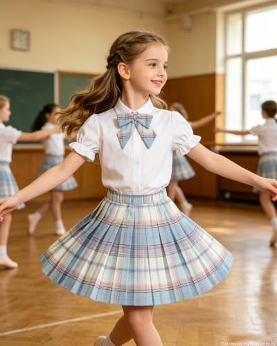 Image of Betusline Girls Skirt Set JK School Uniform 2-Piece Outfit - Short Sleeve Shirt with Bow & Pleated Skirt 4T-14Y