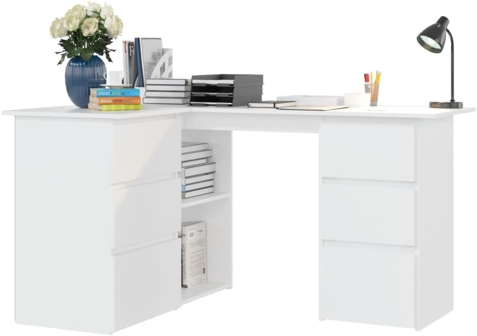 vidaXL White Corner Desk with items on top and in shelves