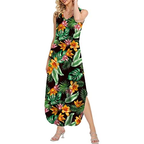 HUSKARY Women's Maxi Dresses V Neck Sleeveless Long Casual Dresses Loose Sundress with Pocket Small Black