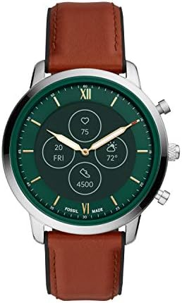 Fossil Men's 45mm Neutra Stainless Steel and Leather Hybrid HR Smart Watch, Color: Silver, Luggage Brown (Model: FTW7026)