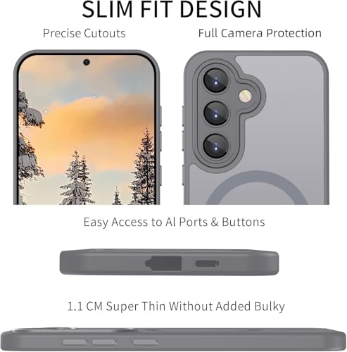 Image of Elzzi Magnetic Magsafe for Samsung S26 Plus Case, Upgraded [Full Camera Protection] [Compatible with Magsafe] [Translucent Matte] Shockproof Protective Phone Case for Men & Women - Grey