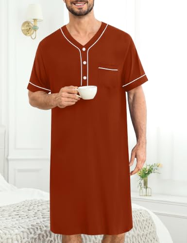 Image of SWOMOG Mens Nightgown Short Sleeve Lounge, Sleep Henley Shirt Pajama Big & Tall Nightshirt Comfy Nightwear M-3XL