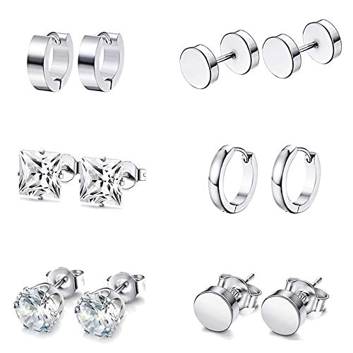 6 Pairs Silver Earrings Studs, Stainless Steel CZ Screw Studs Cartilage Earrings Hoops Barbell Ear Plugs Ear Piercing Triangle Screw Studs Earrings Endless Round Huggie Hoop Men's Earrings