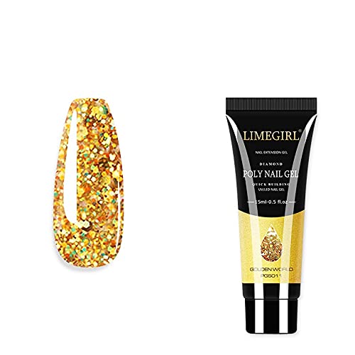 Limegirl Golden World 15ml Glitter Poly Nail Gel Finger Extension Nail Art Manicure Acryl Gel Varnish Hybrid UV LED Hard Builder Nail Gel Polish (LG-15ml-PGS11)-image-16