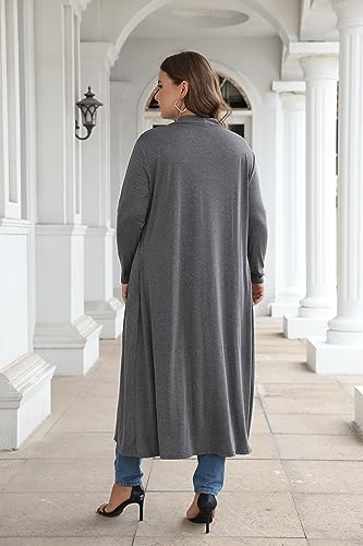 Image of Women Plus Size Floor Length Open Front Drape Cardigan Lightweight Long Sleeve Maxi Duster with Pockets 1X-5X
