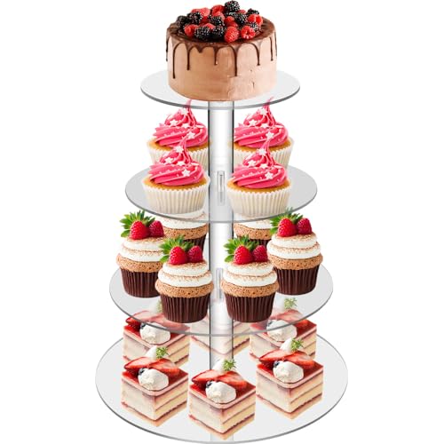 Soporte para cupcakes, soporte de 4 niveles, acrílico transparente, adecuado para cupcakes y frutas, ideal para bodas, cumpleaños y fiestas de graduación