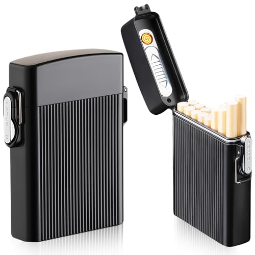 GOEDCH Estuche para Cigarrillos con Encendedor: Paquete de 2 Estuches Impermeables con Encendedor, Negro Pitilleras para Cigarrillos Recargable con Encendedor Electrónico Capacidad para 16 Cigarrillos