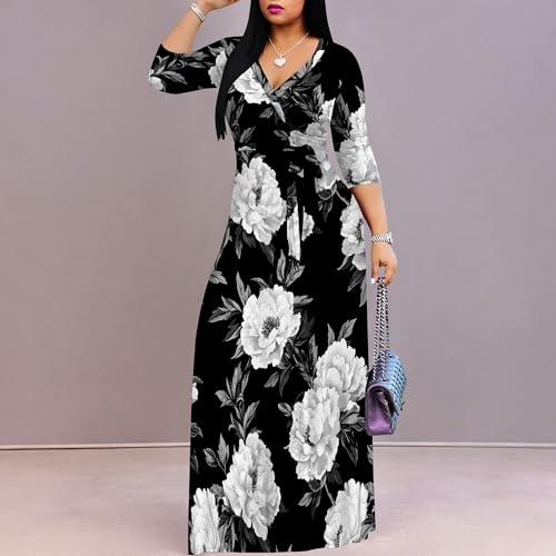 Image of Maxi Dresses for Women Casual Plus Size Formal Dresses 3 /4 Sleeve Ladies Long Dresses with Belt