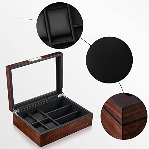 ikkle Watch Box,Wooden Watch Jewelry Display Case had 4 Slots 3 Compartments, Mens Watch Holder Display Case with Glass Lid as Gift, Removable Watch Pillow, Metal Clasp,PU Leather Interior