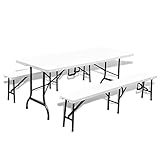 Color: Blanco y negro vidaXL Mesa Jardín con 2 Bancas Plegables HDPE/Acero 180cm Mobiliario Terraza