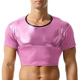 GENEMEN Herren Crop Top Sexy Shirt Netz Metallic Hemd Kurz Sequin Tanktop Rave Festival Oberteil (Metall-Rosa, L)
