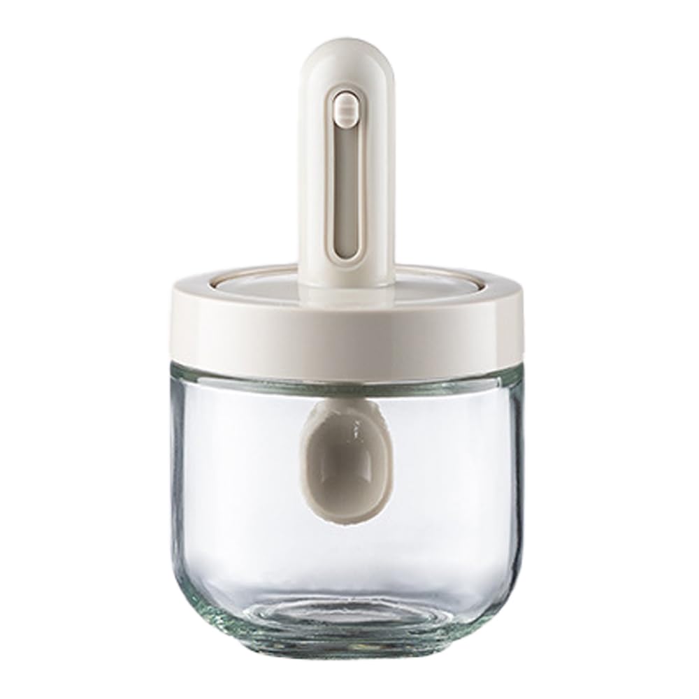 Elegant Seasoning Condiment Jar Set with Integrated Spoon – Scalable Seasoning Scoop Glass Container – Airtight Spice Jars with Lids, Glass Container for Spice, Salt, Sugar etc Ø8.15cm | H14cm (White)