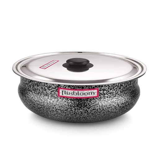 Image of Edge 2.5 Litre Urli /Uruli /Handi /Bhagona /Lagan Cookware Kitchen Utensil Pot Meen Chatty Cook-n-Serve for Cooking Pure Virgin Food Grade (With Lid, Black Coated)