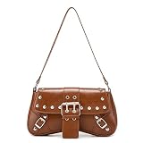 Ansseng Women's Shoulder Bag Y2K Purses 90s Studded Rivet Punk Handbag Red Leather Purses (Brown)