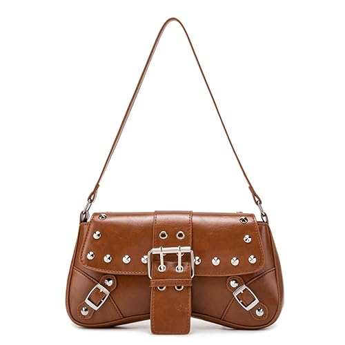 Ansseng Women's Shoulder Bag Y2K Purses 90s Studded Rivet Punk Handbag Red Leather Purses (Brown)