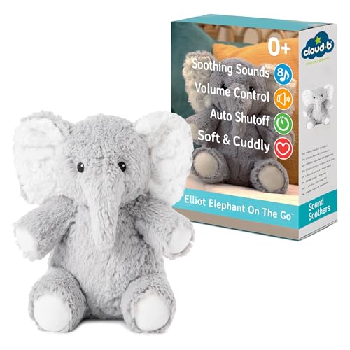 Cloud b Musical Elephant Eliott Elephant On The Go Soft Toy | Sleep Aid | From Birth | 8 Soothing Sounds | Travel Size | Timer