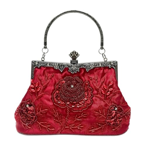 Sac de soirée vintage brodé rose pour femme avec poignée rigide chic