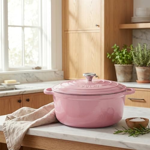 Image of Zulay Kitchen 5 Quart Enameled Cast Iron Dutch Oven Pot with Lid - Premium Durability & Oven Safe up to 500F - Heavy Duty Cookware Perfect for Bread Baking, Stews, Braising & Roasting - Pink