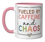 Fueled By Caffeine And Chaos Coffee Lover Mother's Day 2026 Ceramic Mug, Pink/White
