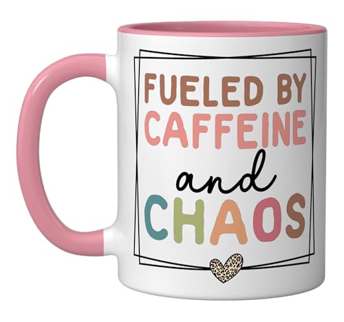 Fueled By Caffeine And Chaos Coffee Lover Mother's Day 2026 Ceramic Mug, Pink/White