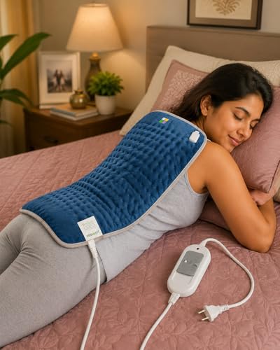Image of Medikart X-Large+ Electric Heating Pad for Back Pain | 1 Year Warranty | Analog Remote | Period Cramps | Pain Relief Heating Belt with Temperature Controller for Lower Back,Knee,Shoulder,Neck Pain Relief (3 Heat Levels | Blue with Grey Piping).