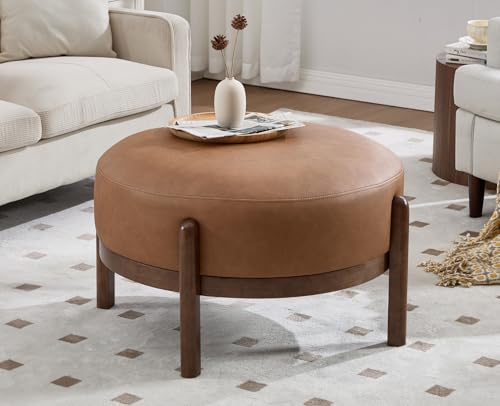EALSON 29 Round Ottoman Modern Leather Upholstered Footstool Mid Century Large Footrest with Wooden Legs Soft Circle Ottoman Coffee Table for Bedroom-Entryway-Living Room-Dorm-Office, Brown